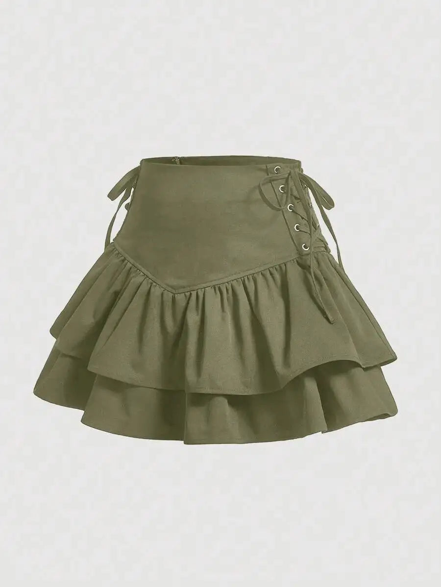 Women Solid Lace Up Side Ruffle Hem Mini Skirt For Summer
