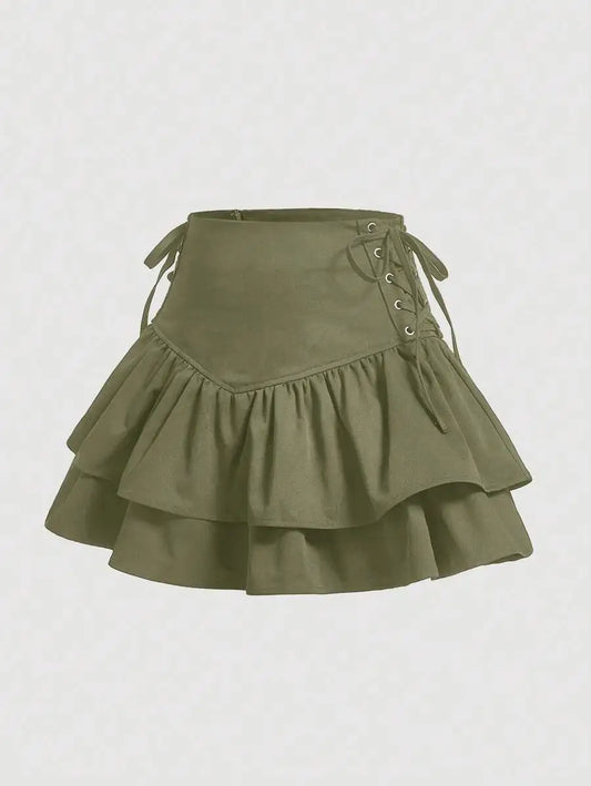 Women Solid Lace Up Side Ruffle Hem Mini Skirt For Summer