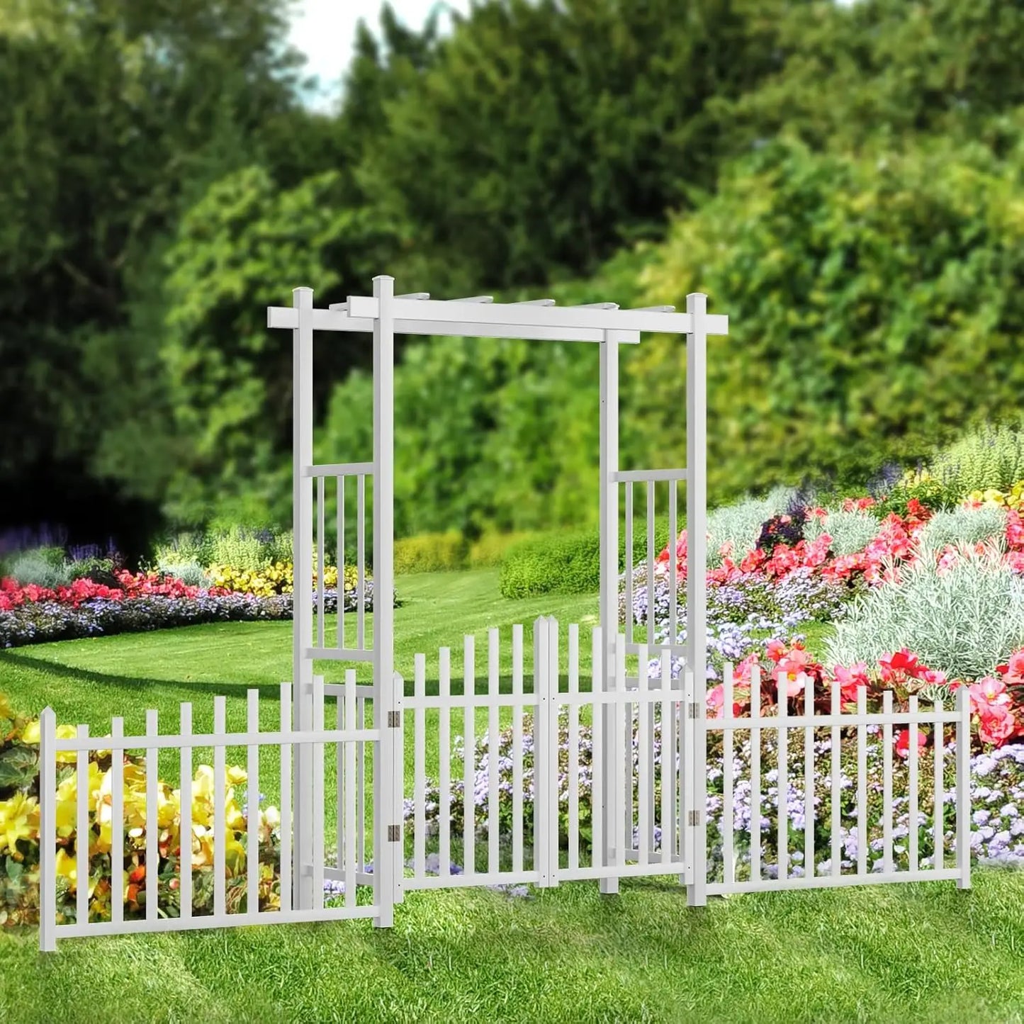 White PVC Garden Arbor with Gate & Fence, Wedding Arch Trellis for Climbing Plants, Outdoor Ceremony Backdrop, 7.5ft H, Custom