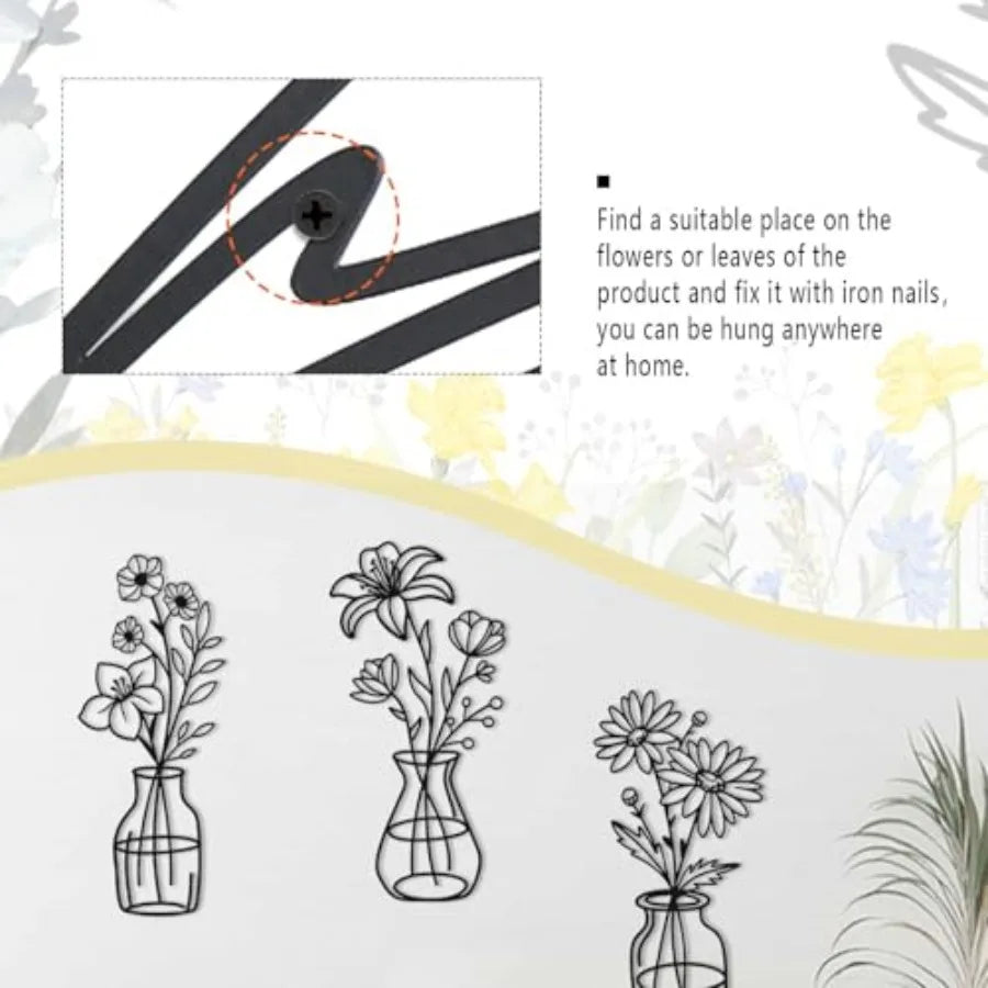 3 Pieces Metal Flowers Wall Arts, Black Metal Vase Wall Art, Rustic Farmhouse Decor Black