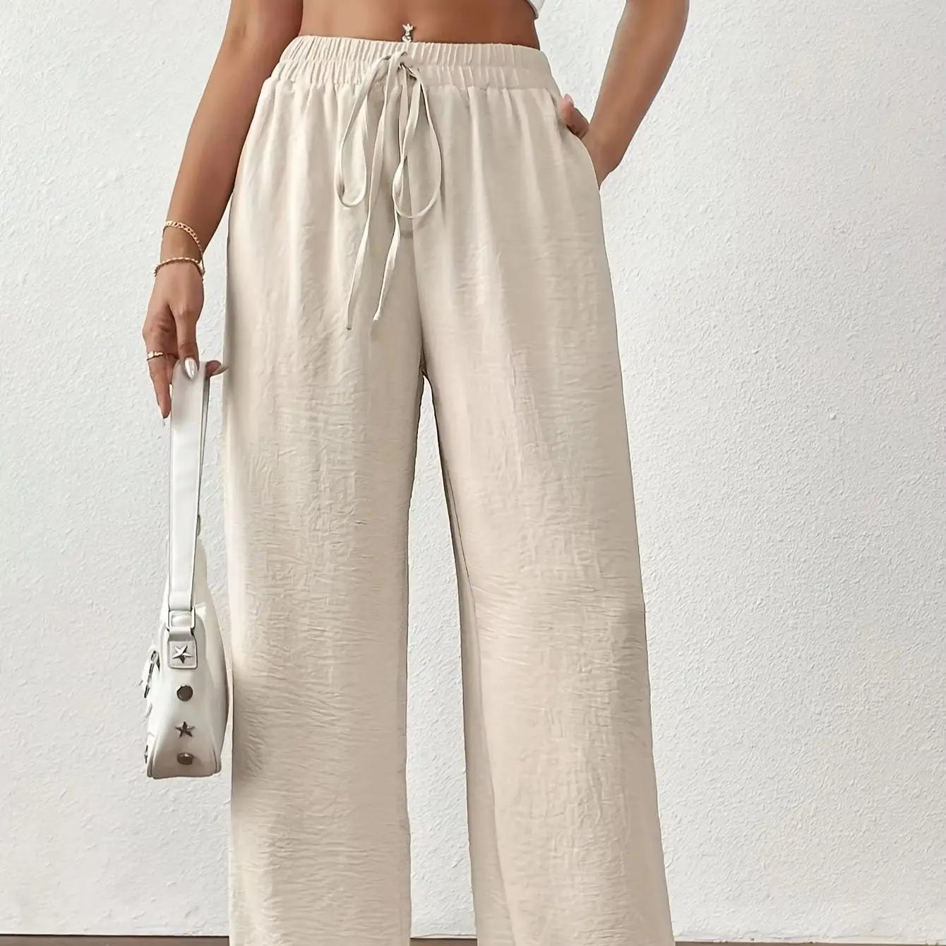 Wide Leg Straight Pants Loose Daily Casual Solid Color Drawstring Slimming High Waist Summer New Women Trousers