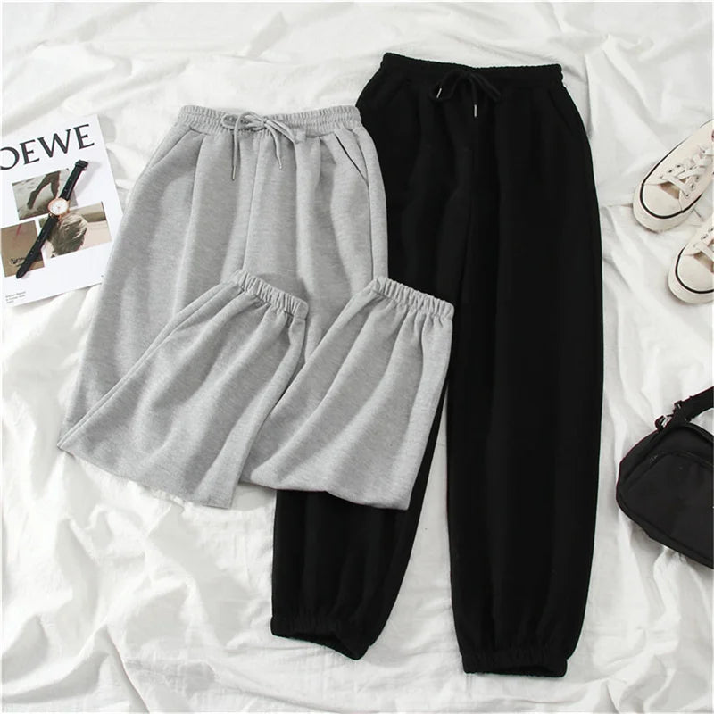 Jogger Pants Cuffed Streetwear Oversize Baggy Thick Solid Gray Black Elastic Waist Autumn Winter Fashion Women Sports Trousers