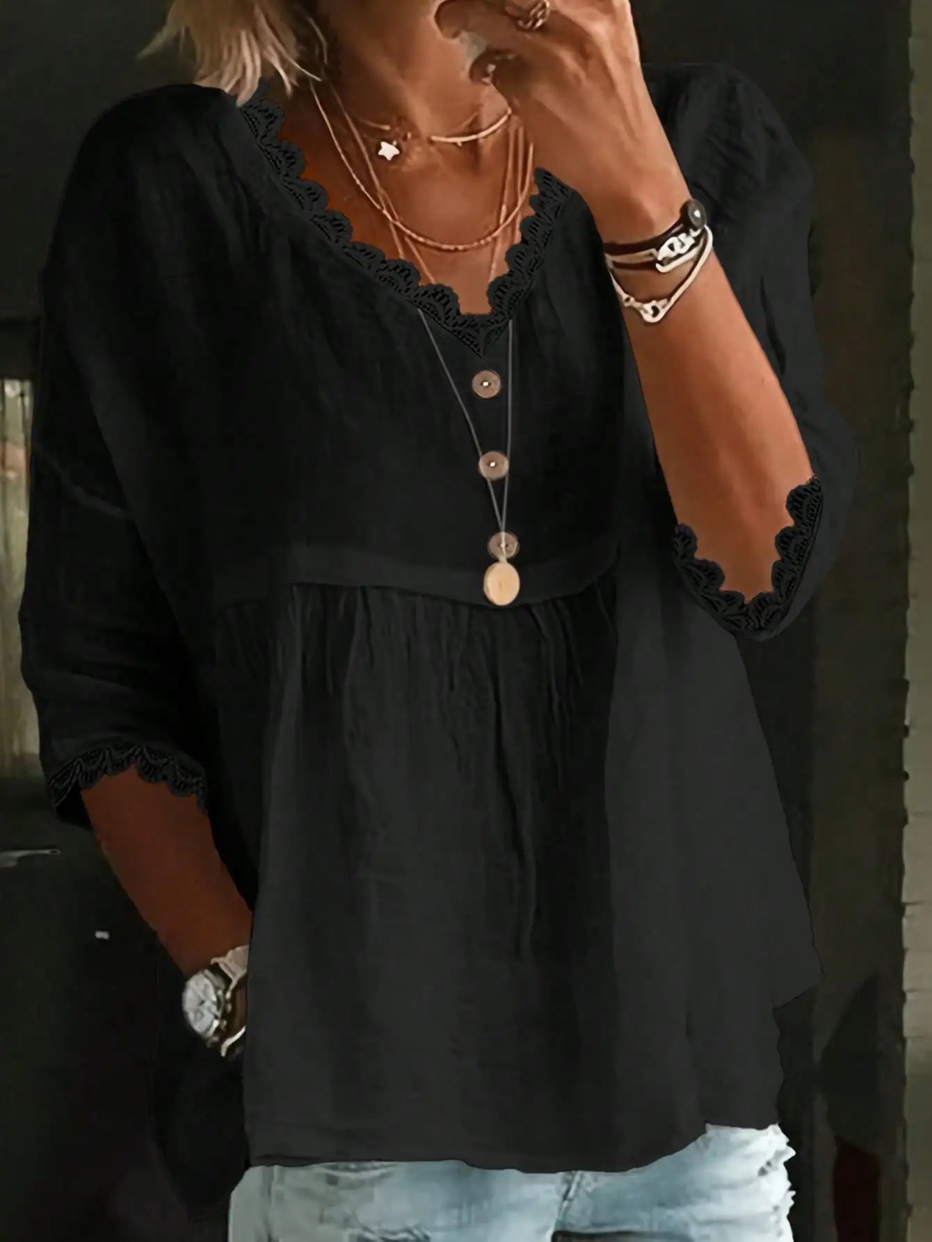 Women's Casual V-Neck Lace Trim Blouse Solid Color Lightweight Woven Top