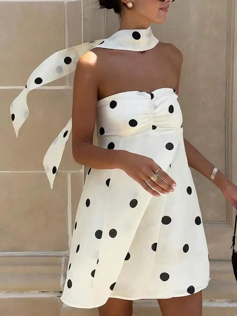 Womens Polka Dot Halter Neck Sleeveless A-Line Mini Dress Casual Yellow