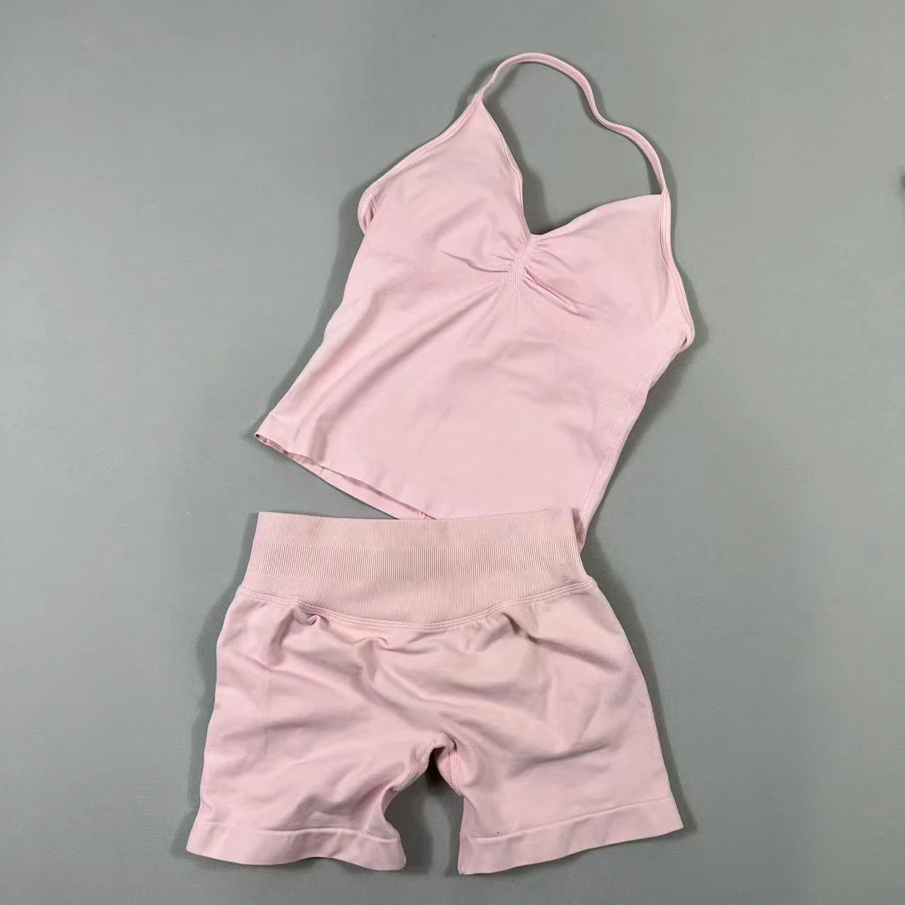2 Piece UETEEY Sports Set Women Longline Strappy Top Seamless Yoga Tank Scrunch Butt Workout Shorts Suit Gym Sports Sets