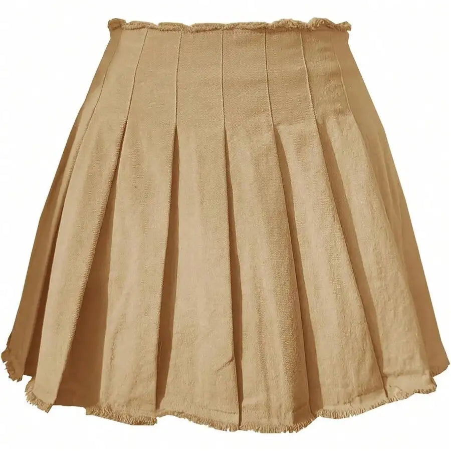 Womens High Waist A-Line Pleated Mini Skirt Solid Color Polyester