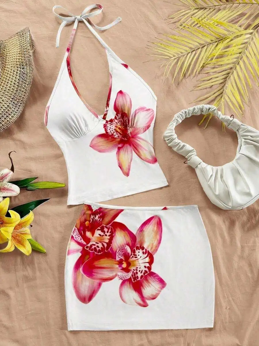 Womens 2-Piece Vacation Set: Halter Neck Floral Top & Matching Skirt, Beach Summer Outfit