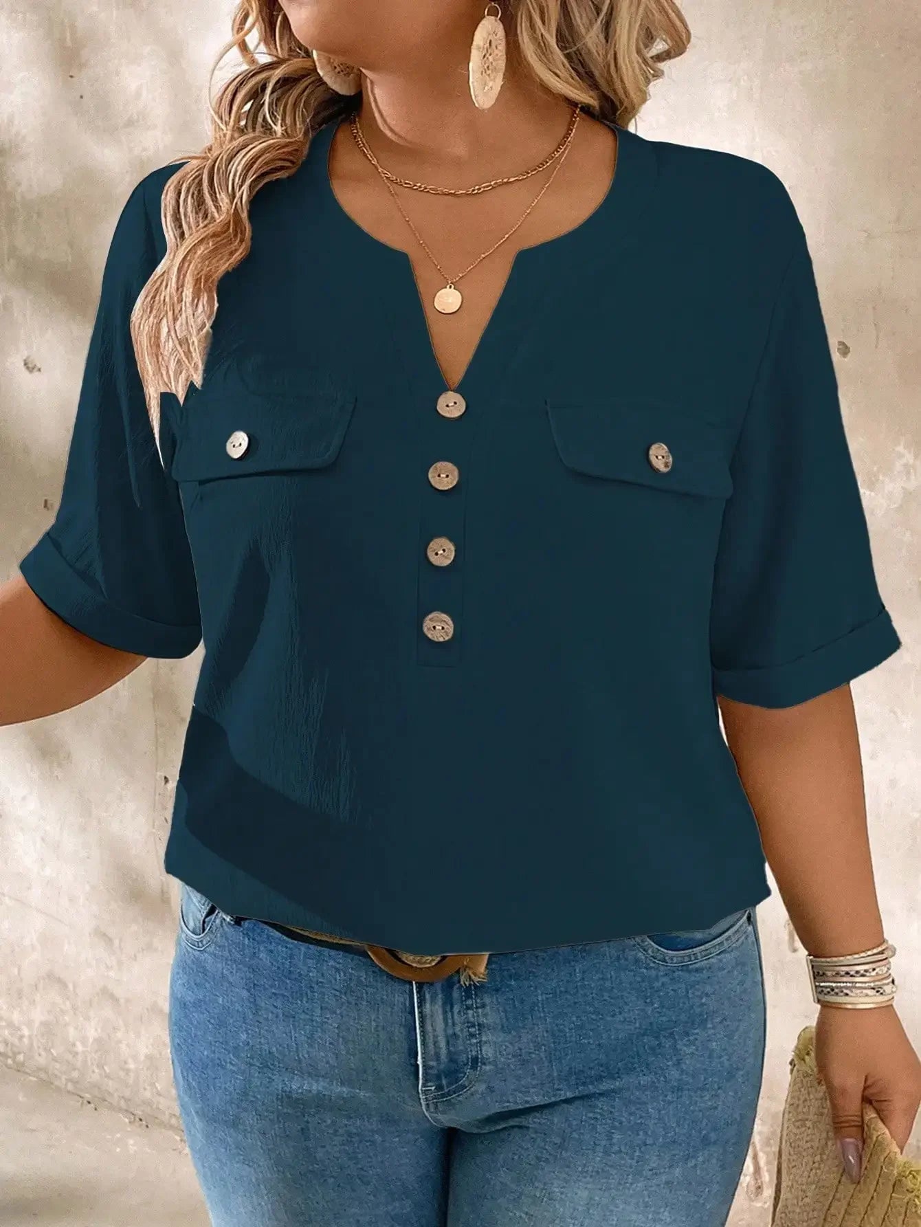 Casual V-Neck Short Sleeve Shirt With Wood Buttons