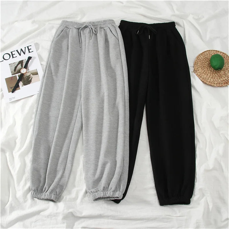 Jogger Pants Cuffed Streetwear Oversize Baggy Thick Solid Gray Black Elastic Waist Autumn Winter Fashion Women Sports Trousers