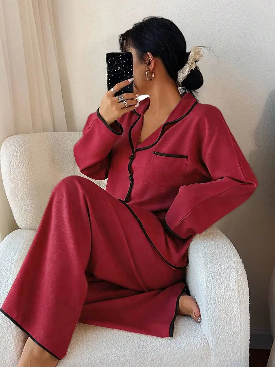 Womens Contrast Trim Lapel Loose Long Sleeve Pajama Set Light Green Sleepwear Lounge Wear