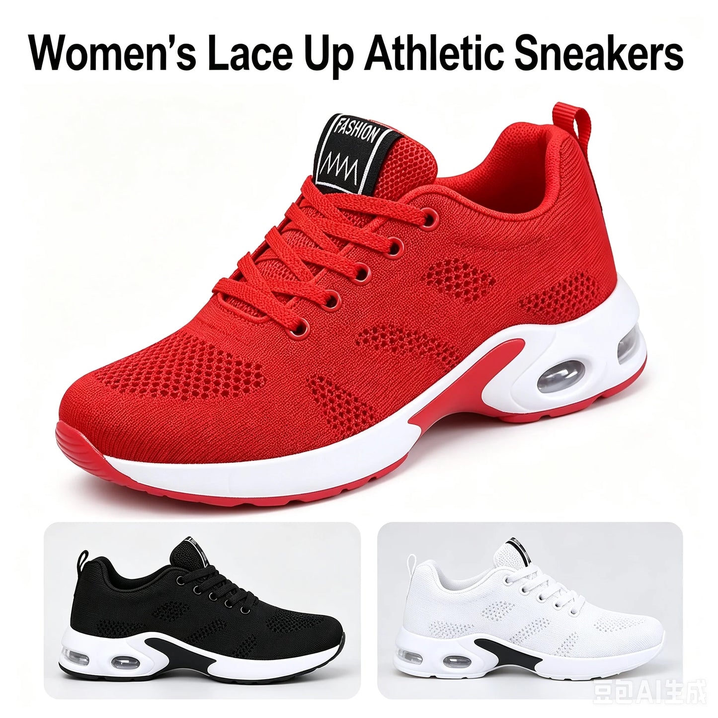 Women Air Cushion Running Shoes Breathable Mesh Upper Athletic Sneakers Non Slip Soft Sole Casual Platform Shoes Ladies Lightweight Sport Footwear for Gym Jogging Tennis Outdoor Daily Walking Fitness Training Red Black White