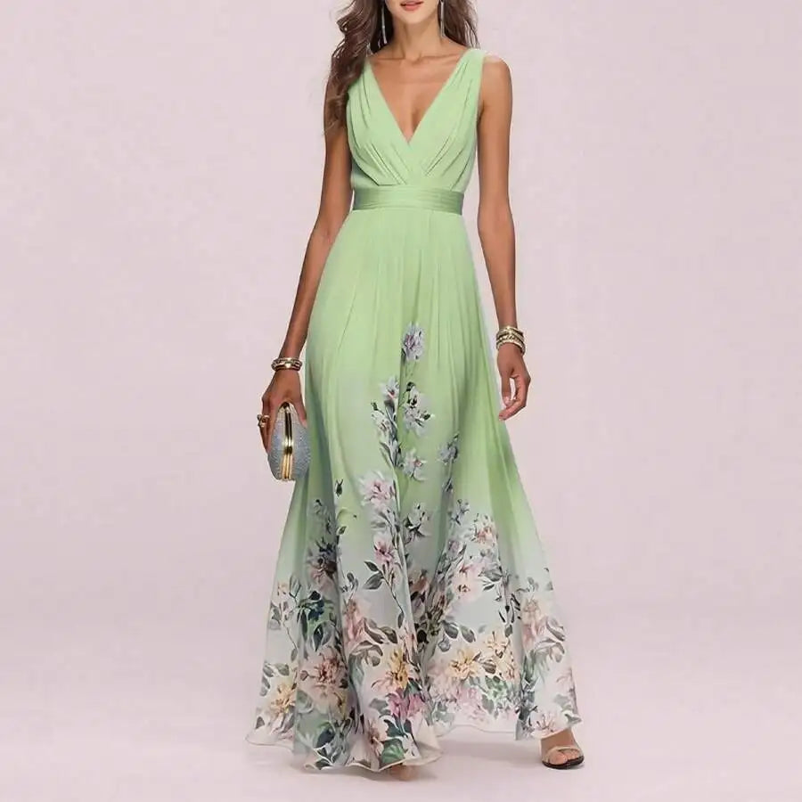 Elegant V-Neck Floral Print Waist-Cinching Floor-Length Dress For Women
