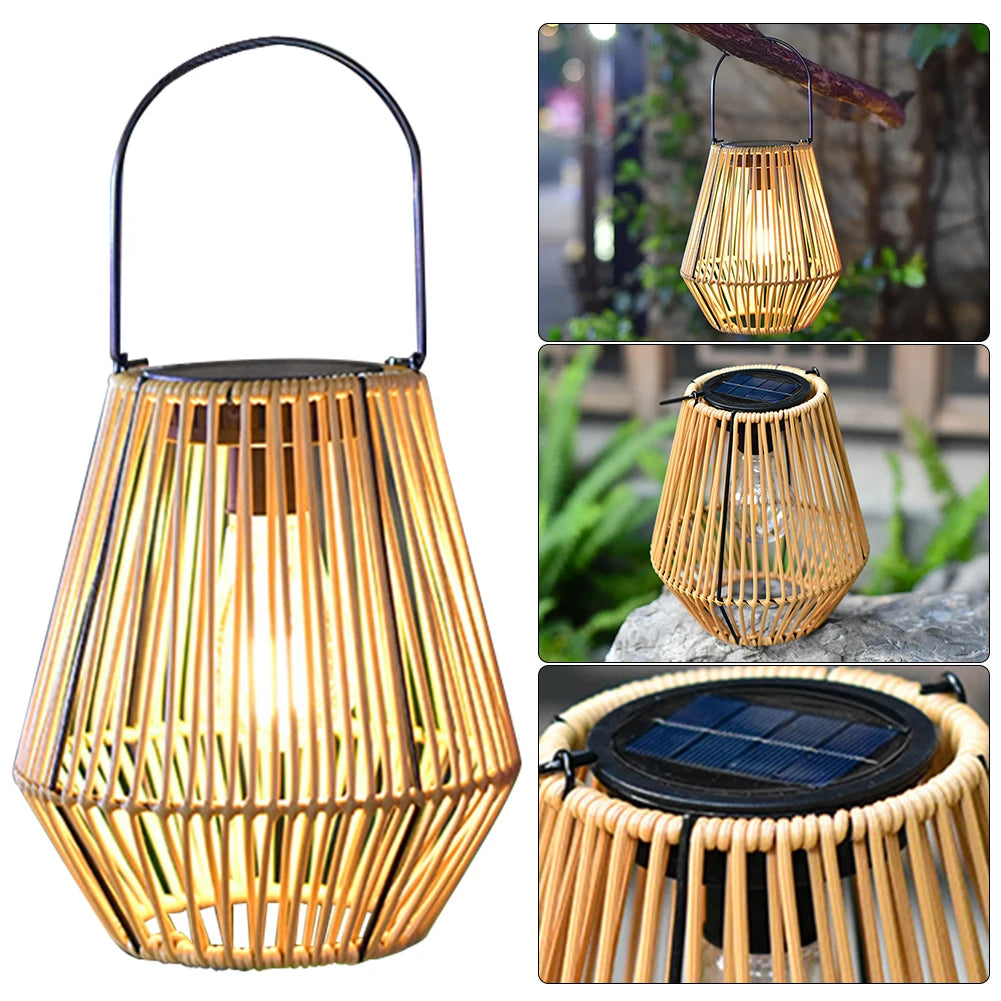 Outdoor Solar Lantern IP65 Waterproof with Handle Solar Hanging Lantern Light Rattan Bamboo Lamp for Yard Garden Home Decoration