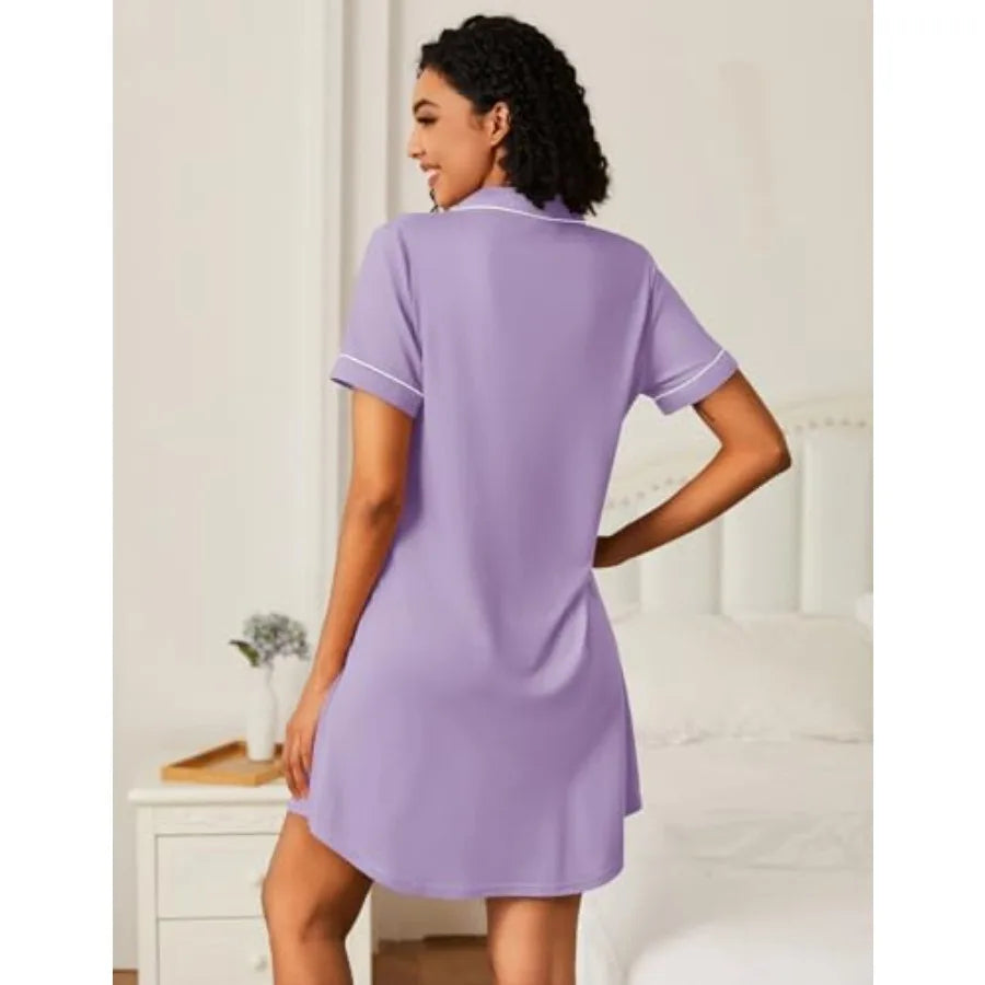 Ekouaer Nightgowns for Women Bamboo Viscose Sleep Shirts Button Down Night Shirt Short Sleeve Boyfriend Pajama Dress