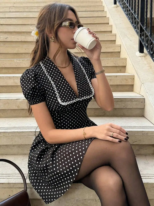 Black Polka Dot V-Neck Puffed Sleeve Mini Dress For Women Casual Elegant