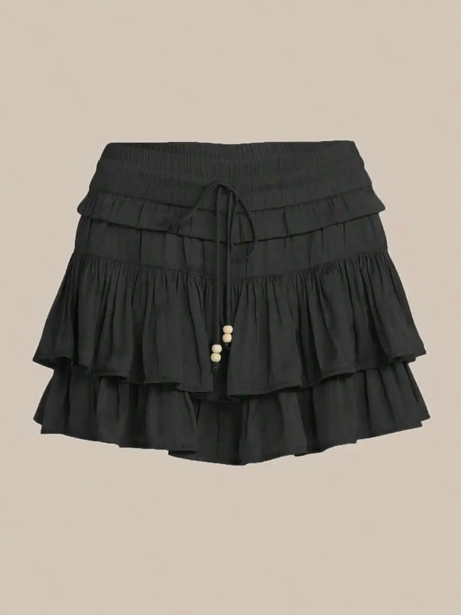Womens High Waist Tiered Ruffle Mini Skort With Drawstring And Built-In Shorts