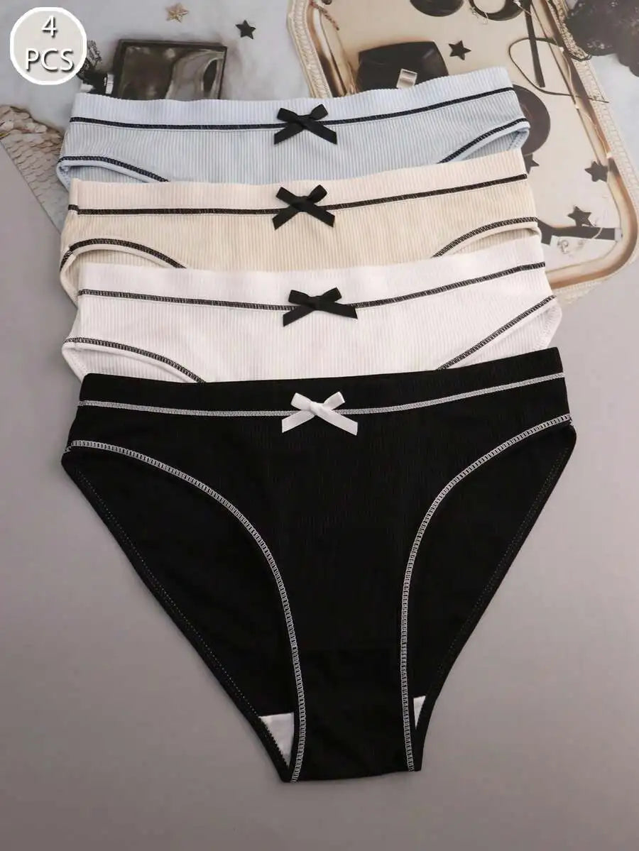 4pcs Womens Milk Silk Bow Comfortable Loose Triangle Panties