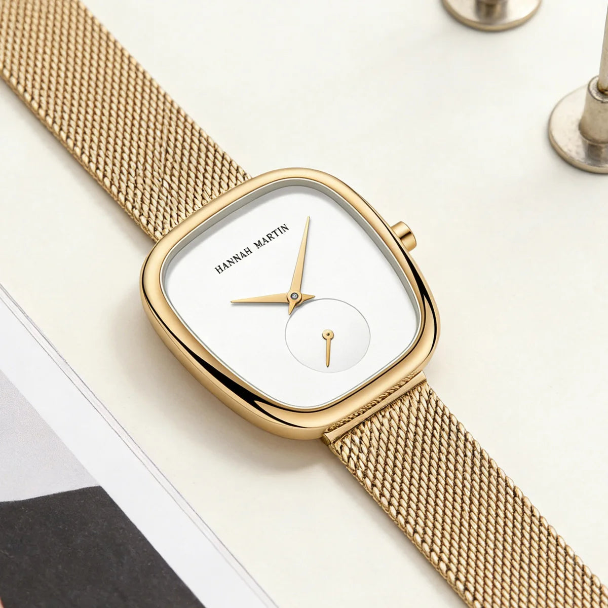 HANNAH MARTIN Watch Women Rose Gold Stainless Steel Mesh Belt 34mm Oval Timing Quartz Clock Suitable Work Commuter Couple Watch