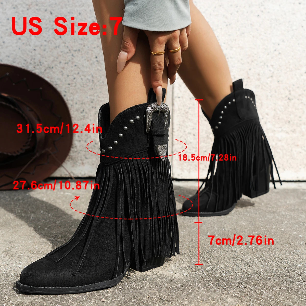 Women's fashion tassel rivet mid western cowboy boots music festival vacation