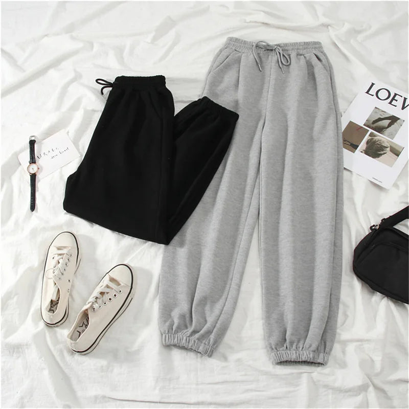 Jogger Pants Cuffed Streetwear Oversize Baggy Thick Solid Gray Black Elastic Waist Autumn Winter Fashion Women Sports Trousers