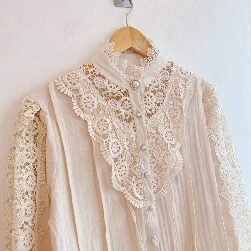 Women’s Elegant Lace Trim Shirts Casual Victorian Blouse Long Sleeve Button Down Tops