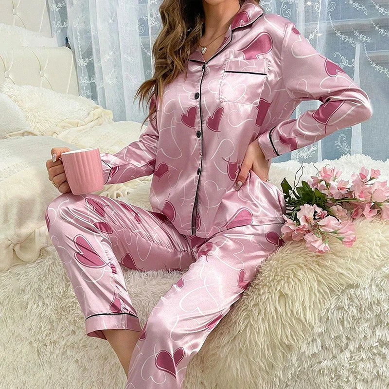Satin Cute Cat Print Pajama Set | Long Sleeve Lapel Top & Pants Luxury Women Fall Sleepwear