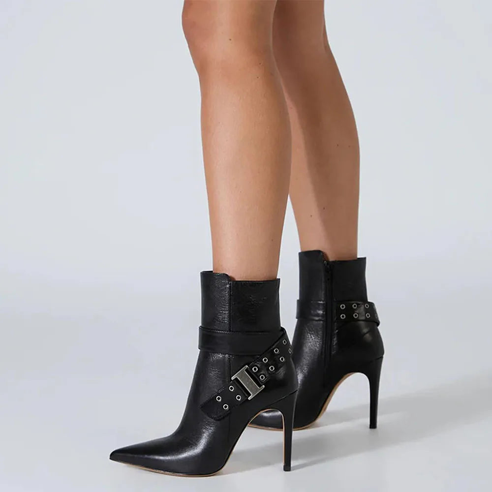 DoraTasia Fashion Pointed Toe Thin High Heel boots For Woman Hollow Metal Buckle Side Zipper Spring/Autumn Party Ladies shoes