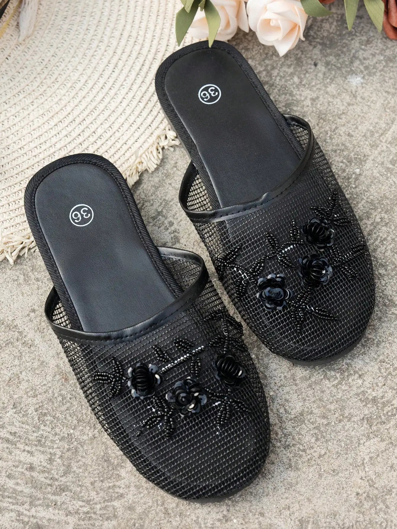 Womens Black Mesh Mules With Beaded Floral Embellishment Slip-On Flat Sandals