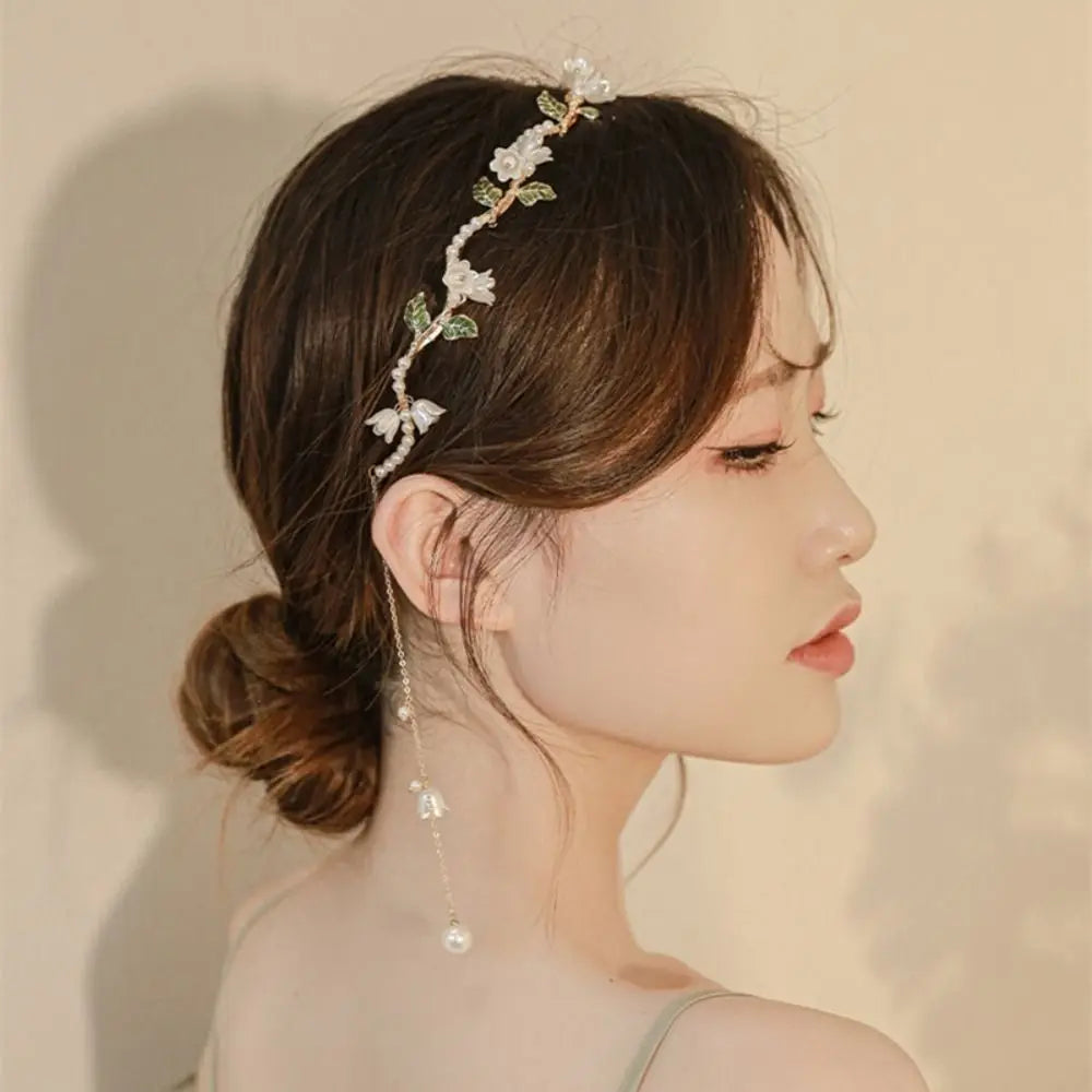 Wave Hair Band Pearl Flower Headband Korean Alloy Tassel Headwear Elegant Hair Accessories Hairband Women's