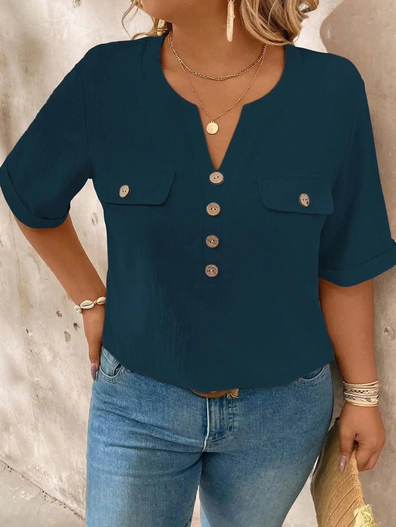 Casual V-Neck Short Sleeve Shirt With Wood Buttons