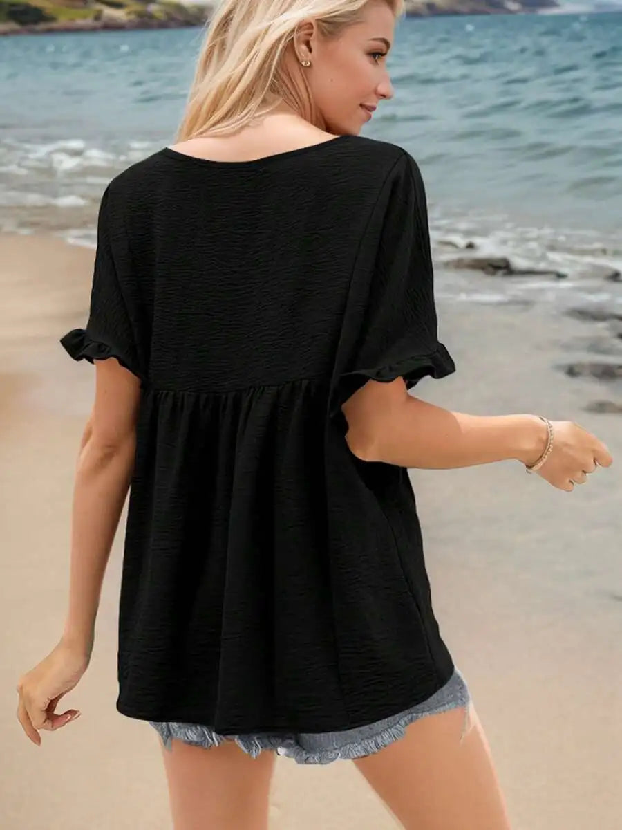 Womens V-Neck Pleated Ruffle Sleeve Casual Beach Shirt
