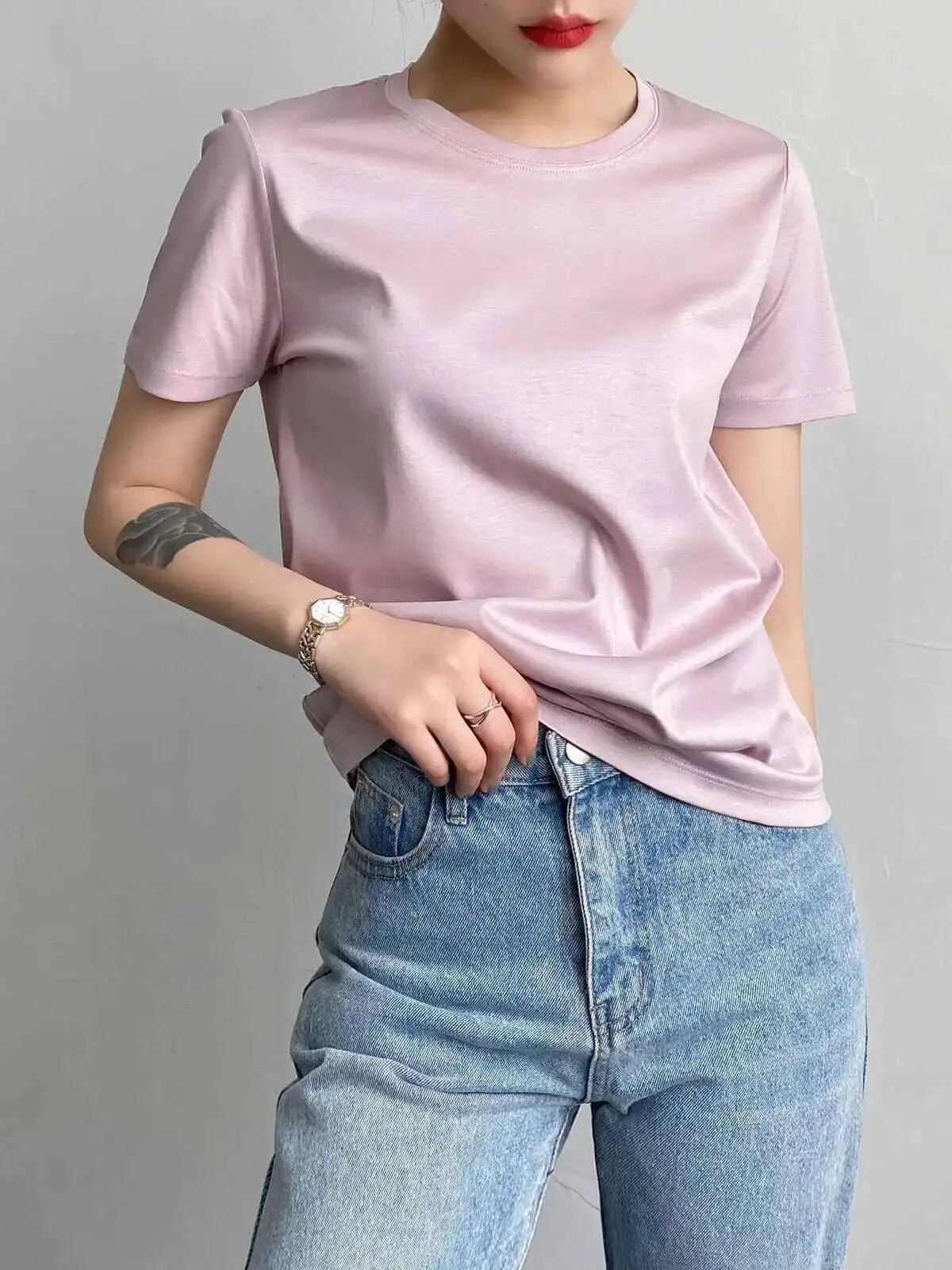 Summer 6% Mulberry Silk Cotton T-shirts Women Loose Round Neck Short Sleeve Luxury Tee Solid Color Basic Tops