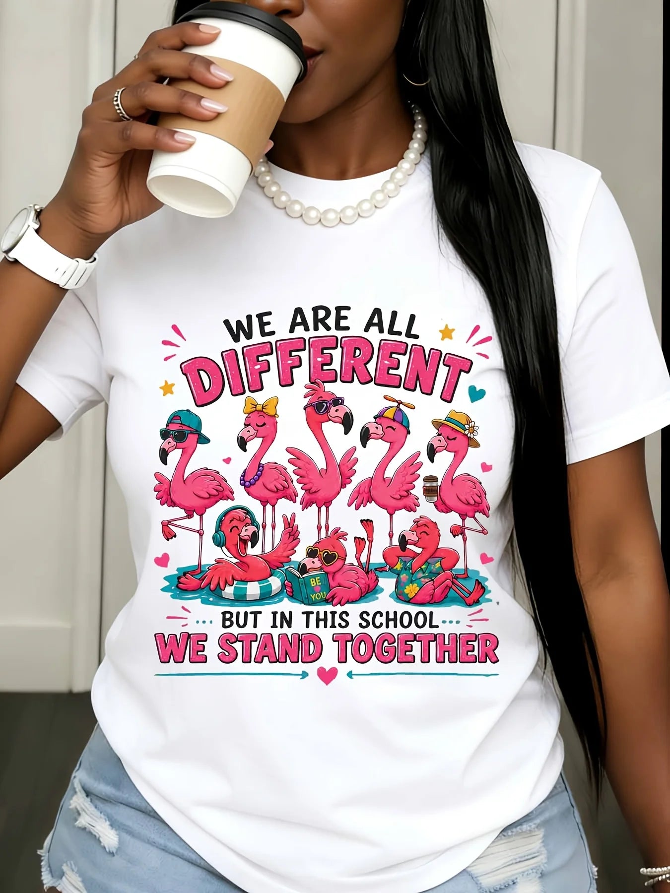 Cute Graphic Tee Women We Are All Different Flamingo Print School Unity t Shirt Teacher Student Back to School Outfit