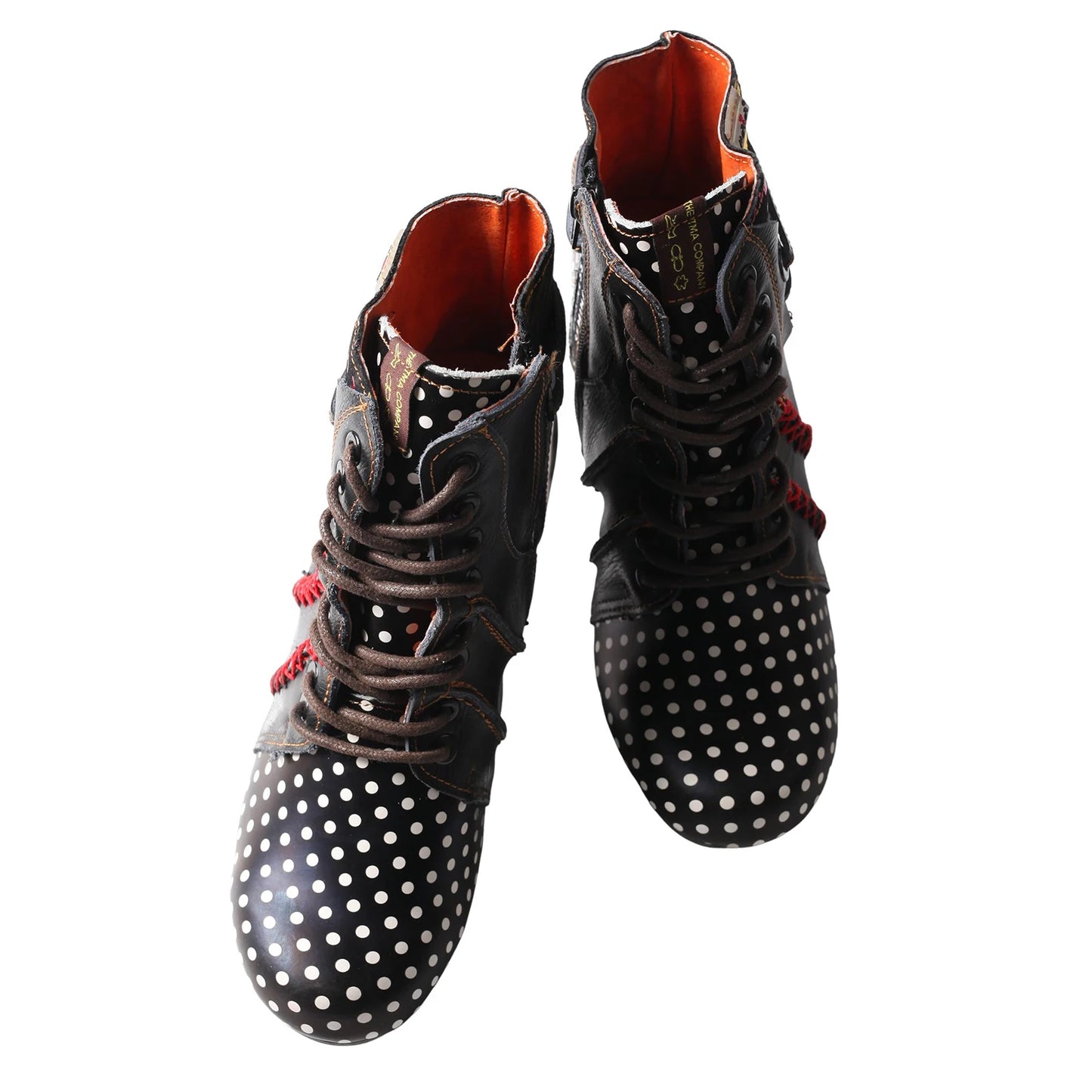 TMA EYES Women's Retro Polka Dot Mid Heel Boots Spring Autumn Winter Fashion Patchwork Chunky Heel Side Zipper Ankle Boots