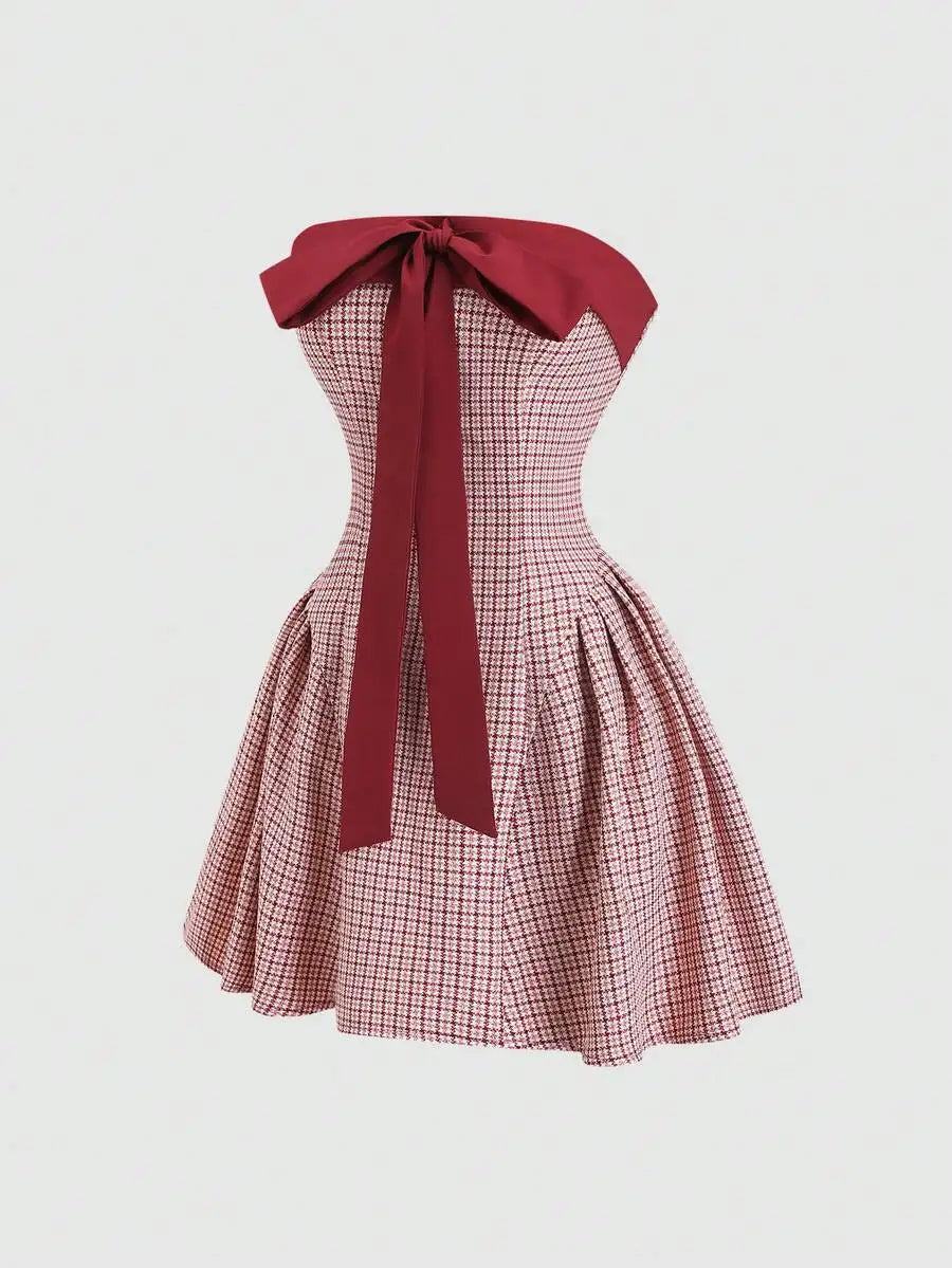 Vintage Houndstooth Strapless Bowknot Mini Dress Red And White Casual