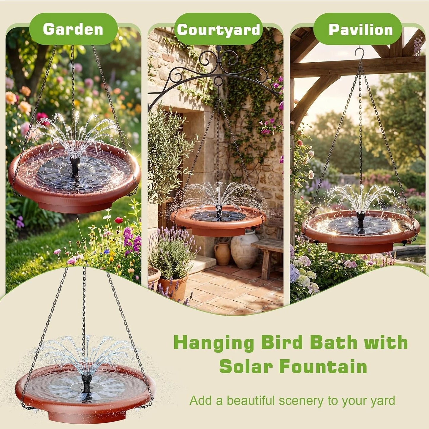 15 inch Hanging Solar Bird Bath, Outdoor Bird Bath & Feeder with Solar Fountain and 3-Tier Steps, Suitable for Patio Garden Backyard Landscape Decor