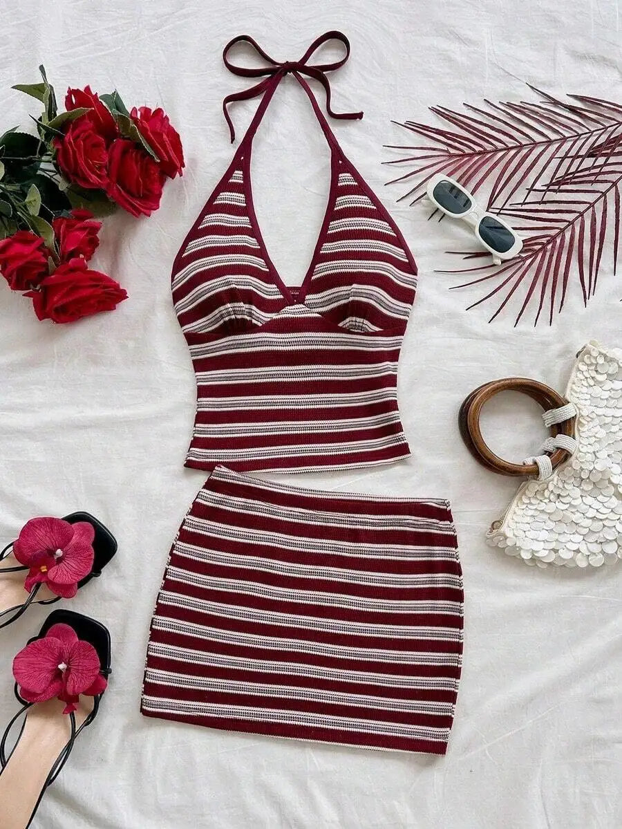Womens 2-Piece Vacation Set: Halter Neck Floral Top & Matching Skirt, Beach Summer Outfit