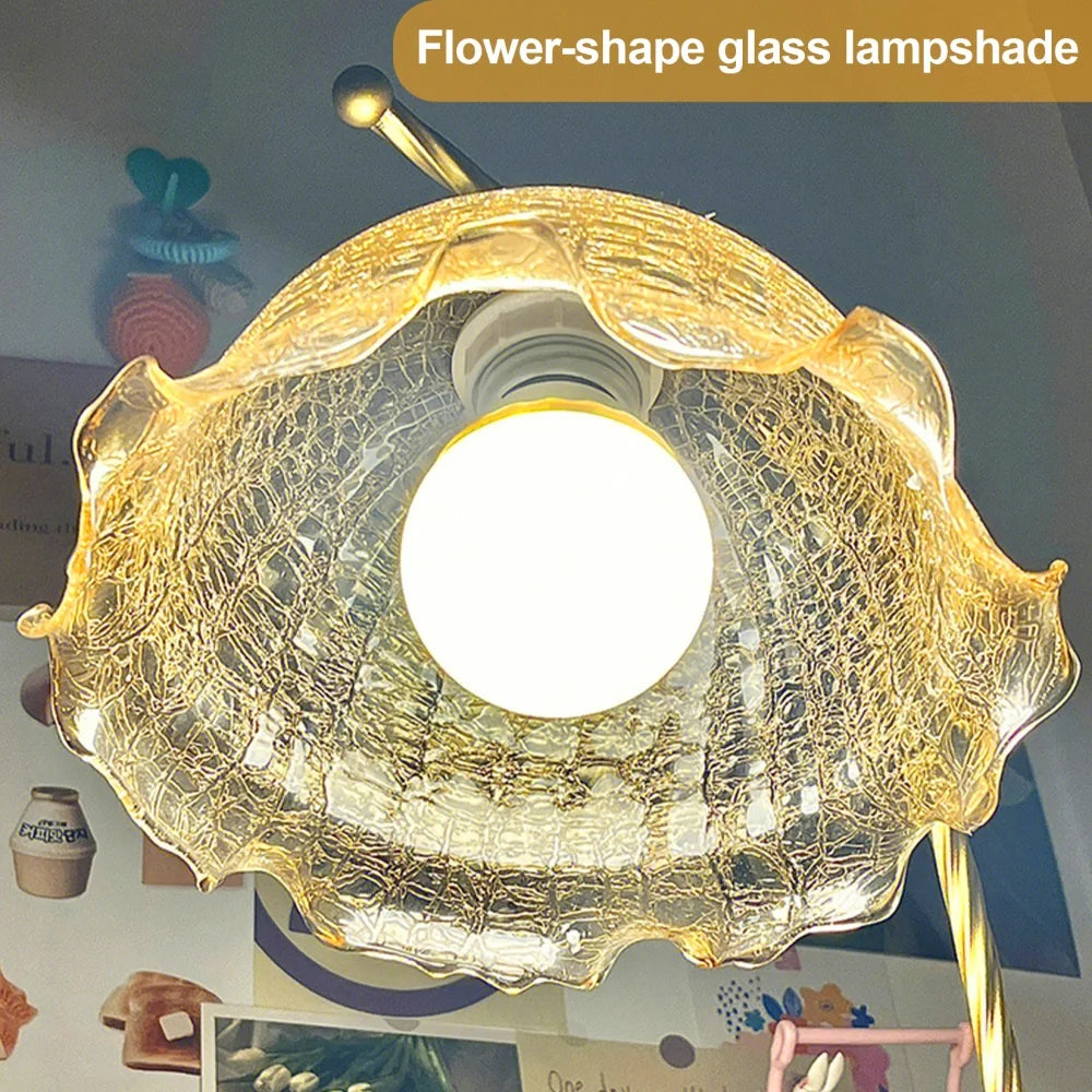 Mid-Century Bedside Table Lamp Modern Glass Flower Desk Lamp Gold Reading Lamp