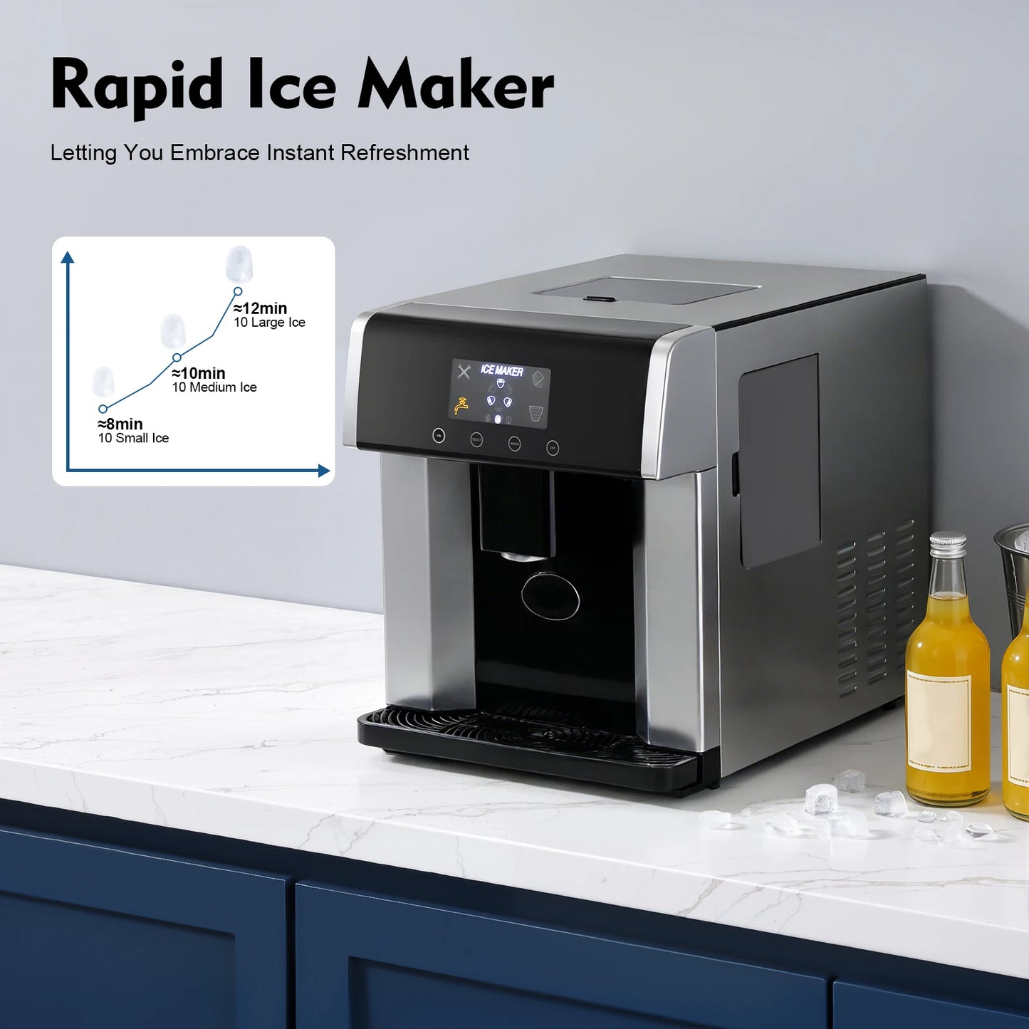 Countertop Ice Maker 15kg 24H 110V 2-in-1 Ice Machine 6-12 Mins Fast Ice Making Self-cleaning Electric Ice Dispenser Touch Control Large Storage Auto Shut-off for Home Office Cafe Party Kitchen Bar