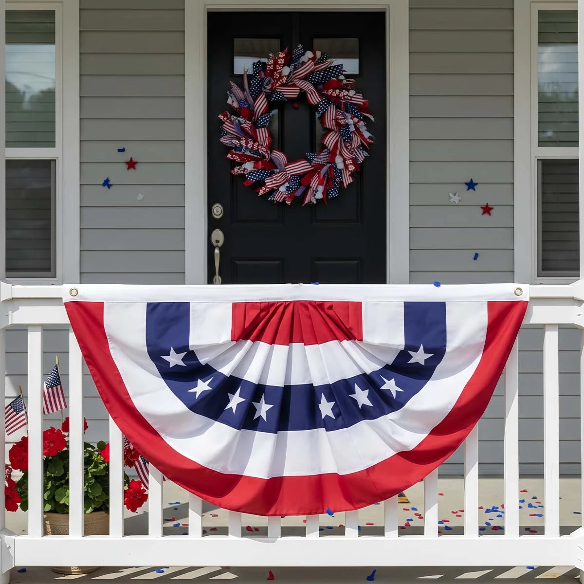 2pcs USA Pleated Half Fan Bunting Flags, 35x17.7" Heavy Duty American Flag for July 4th, Outdoor Porch Railing & Memorial Day