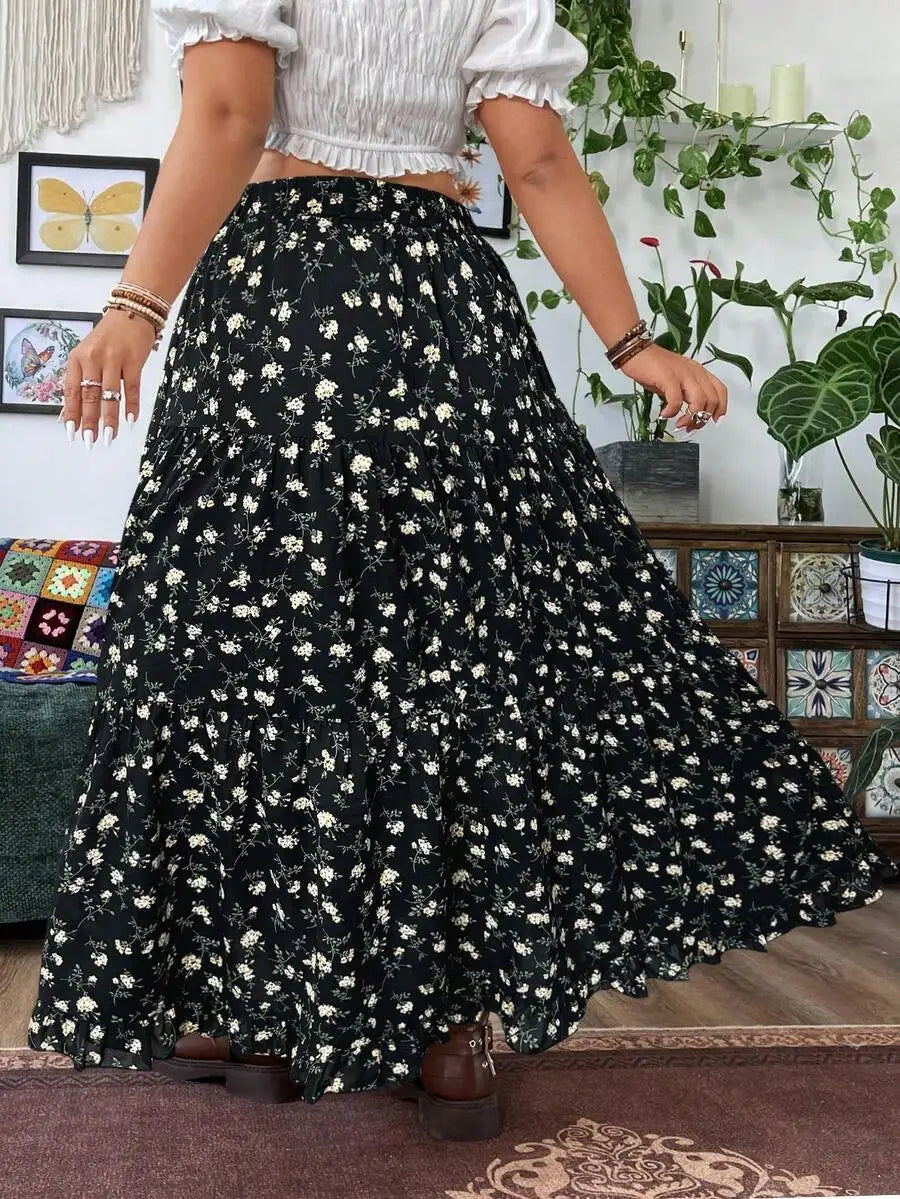 Plus Size Women Floral Print Maxi Skirt Bohemian Vacation Beach Outfit