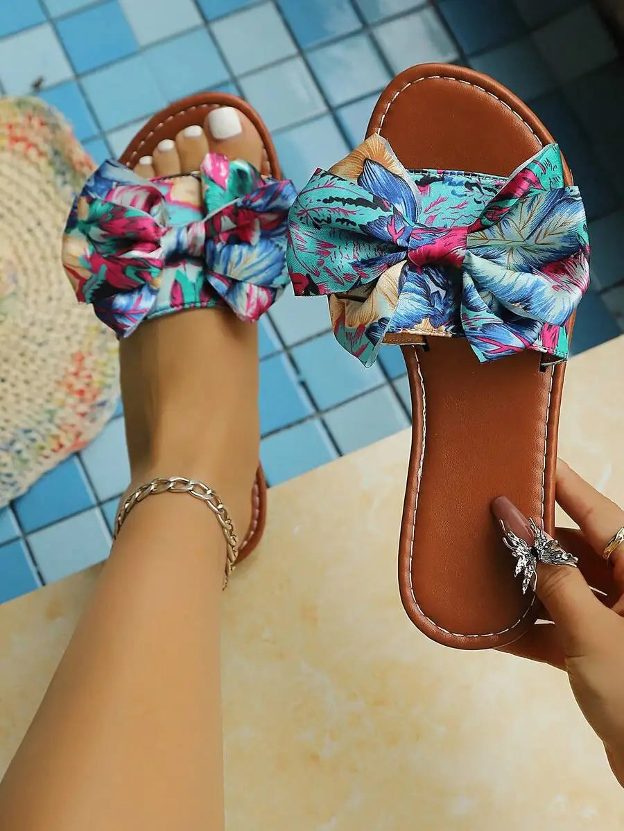 Womens Summer Floral Bow Flat Sandals Bohemian Style Beach Casual Slippers