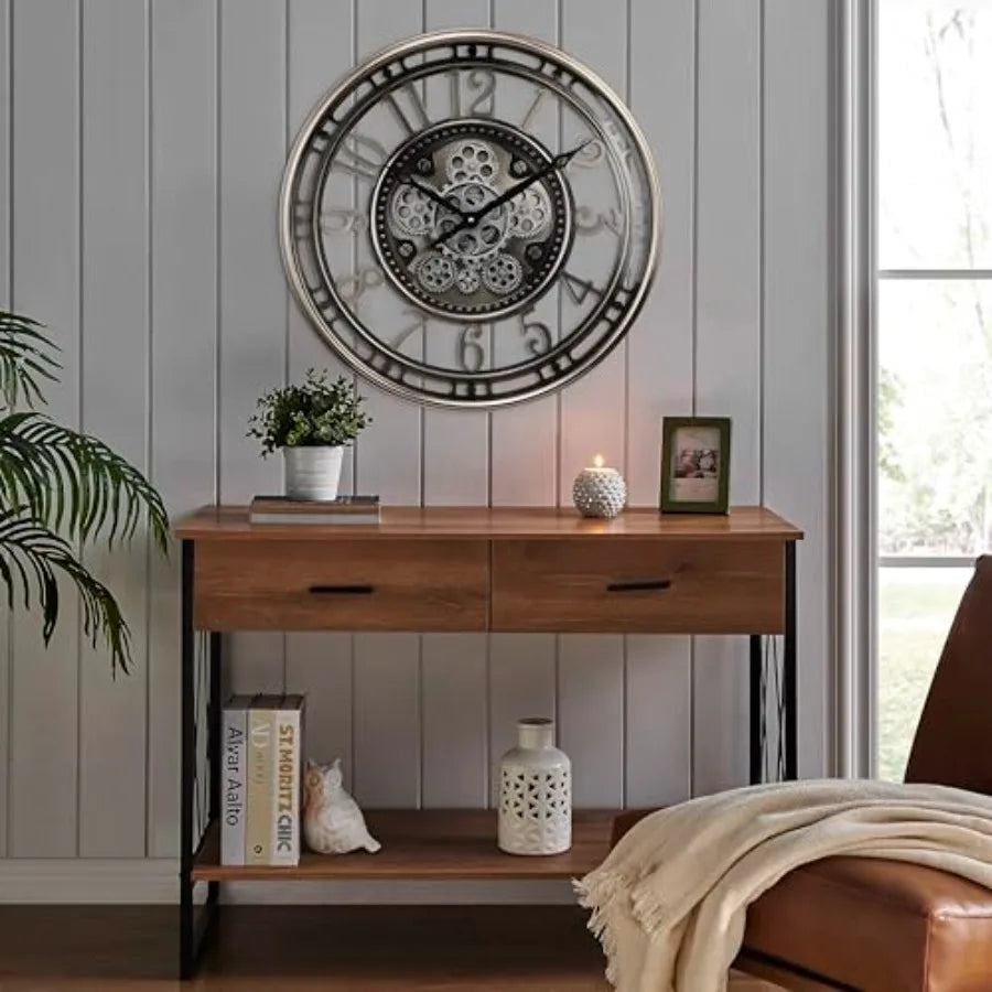 21 Inch Large Moving Gear Wall Clock for Living Room, Industrial Steampunk Decor, Gunmetal Silver Finish, Metal Construction