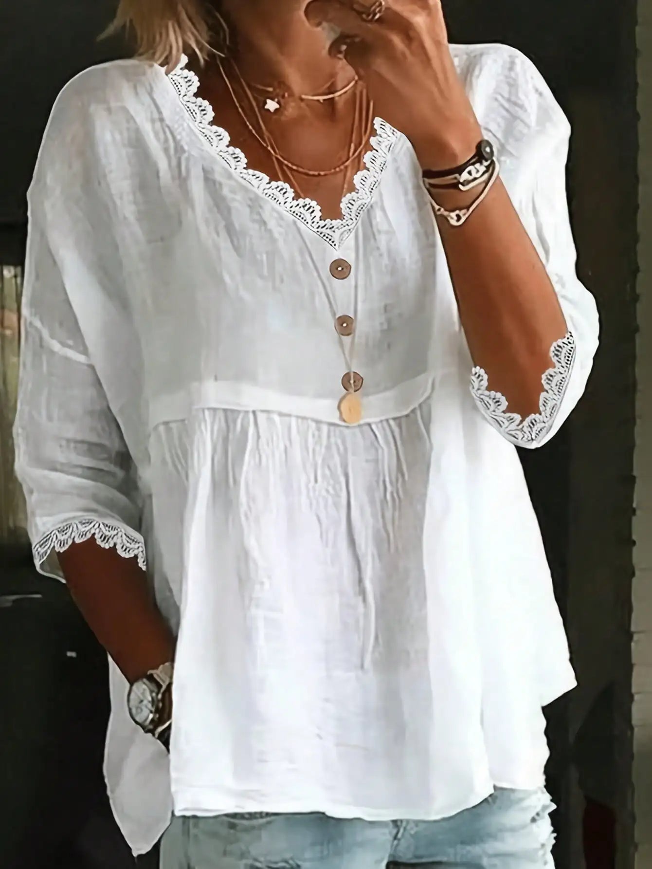 Women's Casual V-Neck Lace Trim Blouse Solid Color Lightweight Woven Top