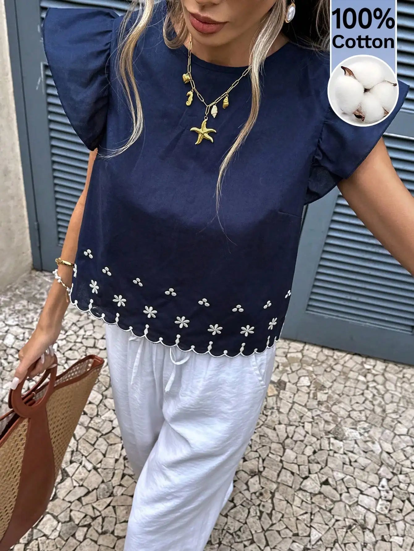 Women's Summer Casual 100% Cotton Floral Embroidery Ruffle Hem Blouse With Flutter Sleeves