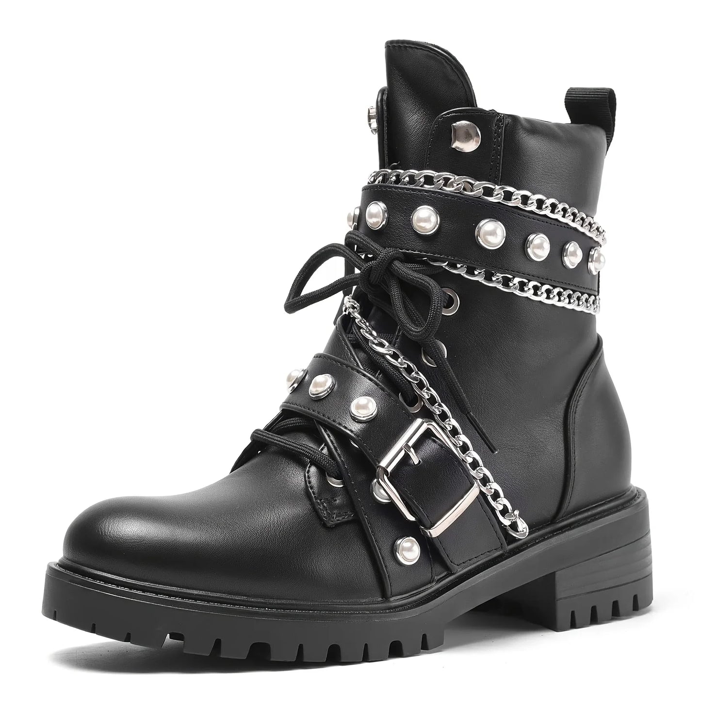 Women's Y2K Goth Ankle Boots Fashion Punk Buckle Chain Pearl Rivet Chunky Heels Lace-up Side Zipper Street Combat Boots Woman