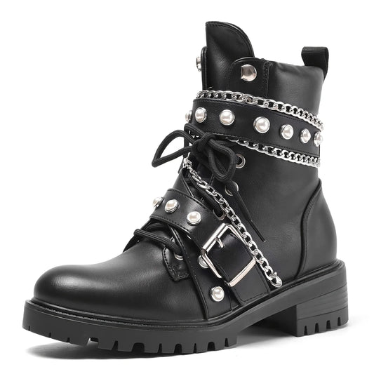 Women's Y2K Goth Ankle Boots Fashion Punk Buckle Chain Pearl Rivet Chunky Heels Lace-up Side Zipper Street Combat Boots Woman