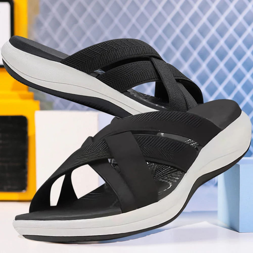 Women Thick Cushion Slippers Wide Width Cross Strap Slip On Slides Beach Sandals Lightweight Platform Wedge Sandals for Summer