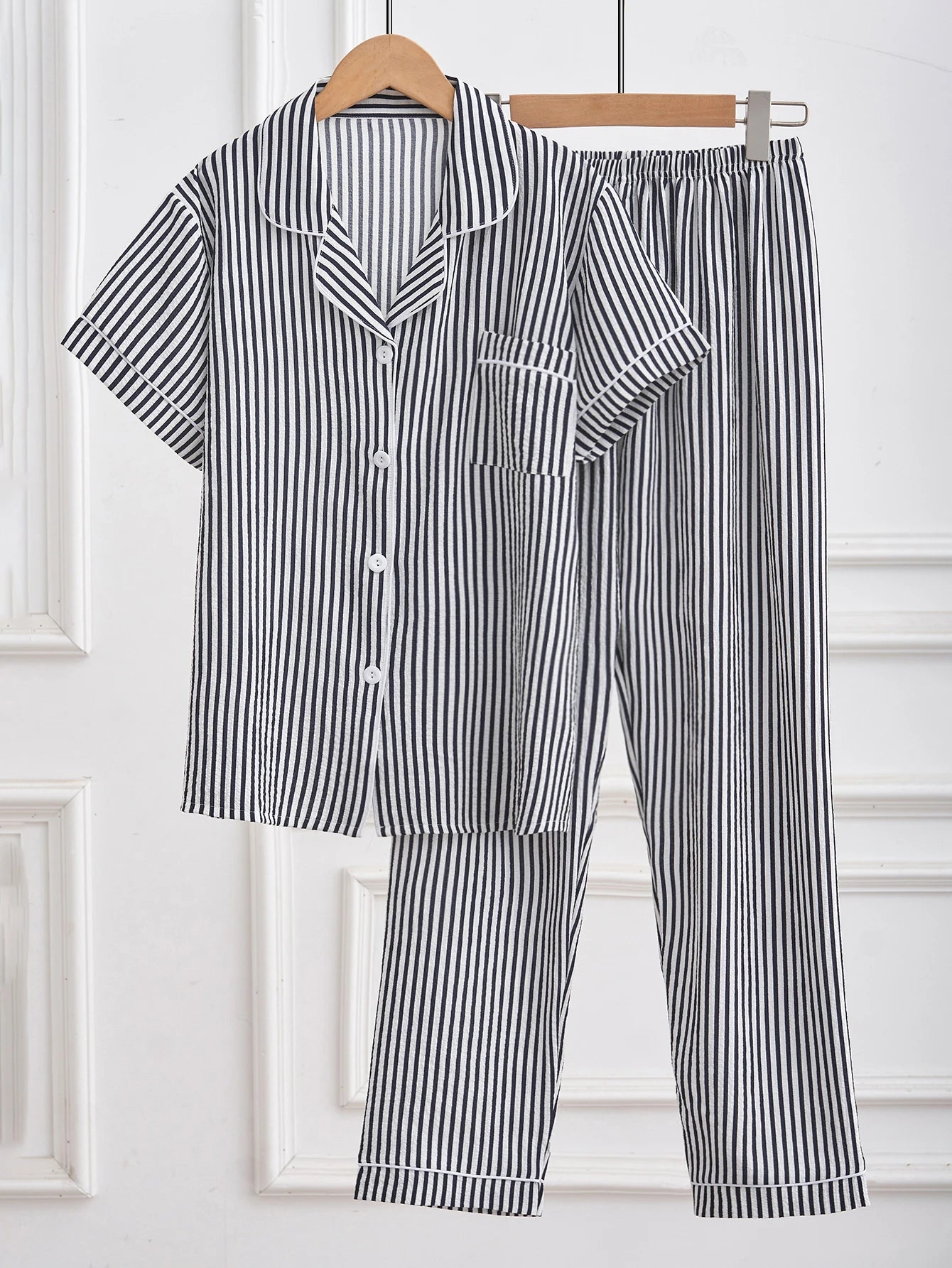 Striped Button Down Pajama Set | Short Sleeve Long Pants Breathable Summer Casual Women Sleepwear