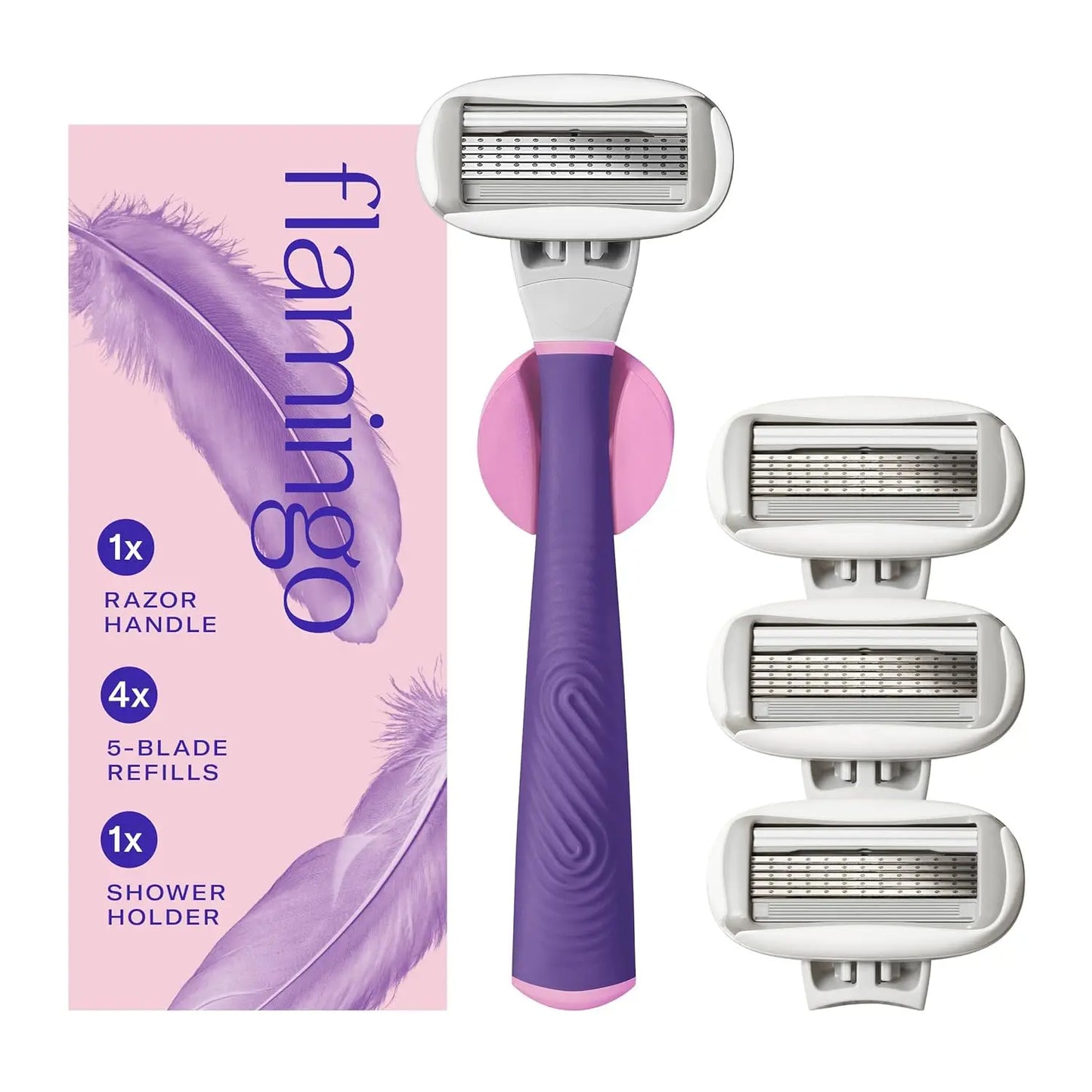 Women's shaving razor set with ergonomic handle, 4-blade refills, and wall-mounted shower holder